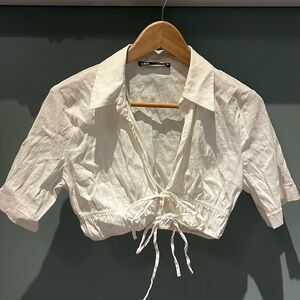 ZARA White Cropped Linen Top